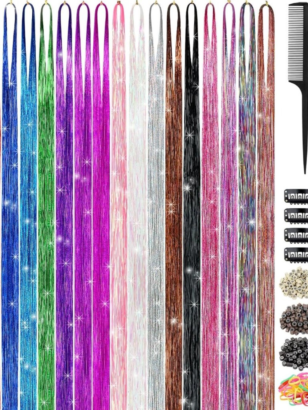 Hair Tinsel Kit 48 Inch,18 Colors, 4320 strands, Tinsel Hair Extensions with Too